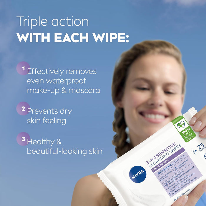 NIVEA 3in1 Sensitive Biodegradable Wipes (25 Wipes)