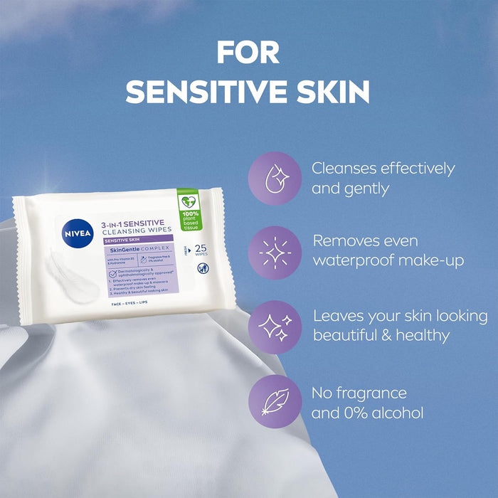 NIVEA 3in1 Sensitive Biodegradable Wipes (25 Wipes)