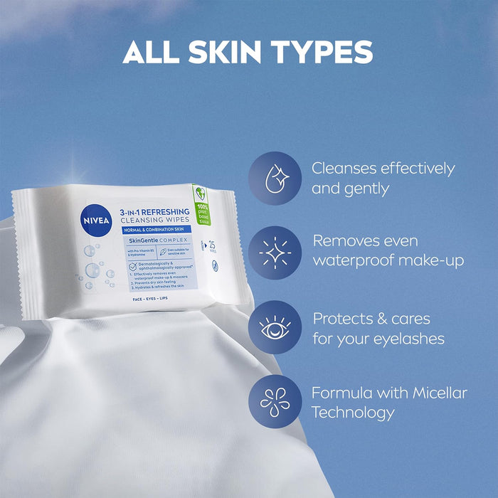 NIVEA 3in1 Biodegradable Cleansing Wipes (25 Wipes) – Normal & Combination Skin