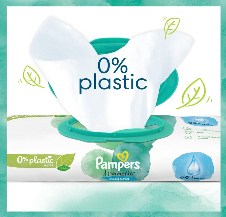 Pampers Harmonie Aqua Baby Wipes Zero Plastic (48 Wipes)