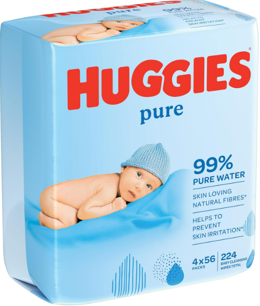 Huggies Pure Baby Wipes (4 x 56 Wipes, 224 Total)