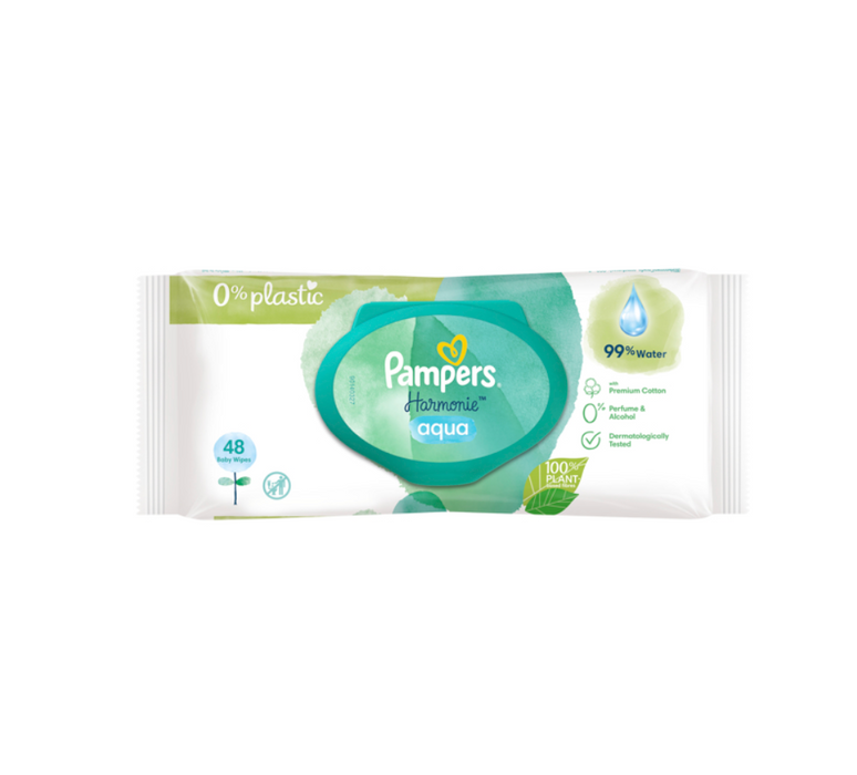 Pampers Harmonie Aqua Baby Wipes Zero Plastic (48 Wipes)