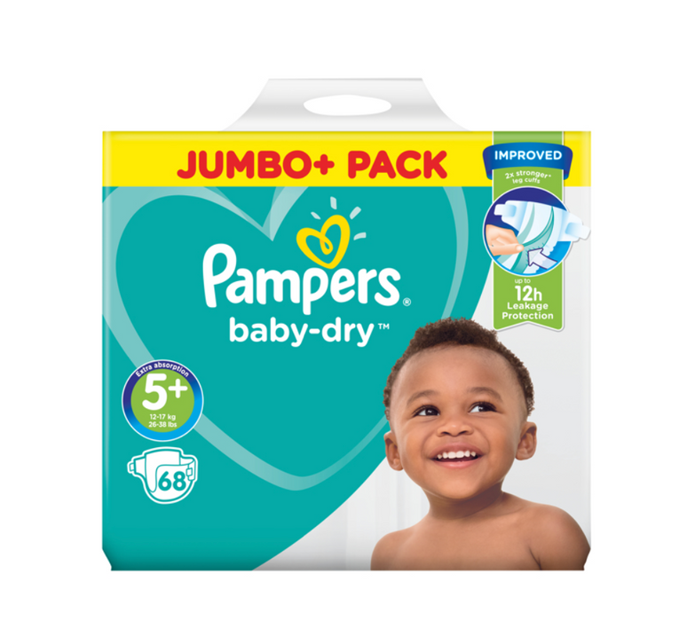 Pampers Baby Dry Size 5+ (12–17 kg) – Jumbo Pack (68 Nappies)