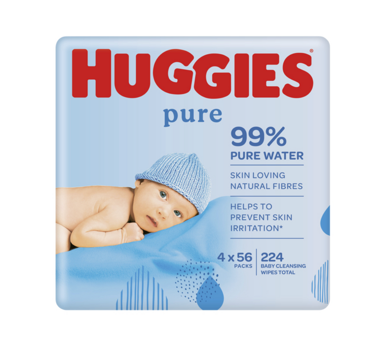 Huggies Pure Baby Wipes (4 x 56 Wipes, 224 Total)