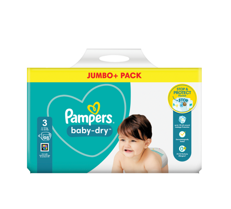 Pampers Baby Dry Size 3 (6–10 kg) – Jumbo+ Pack (98 Nappies)